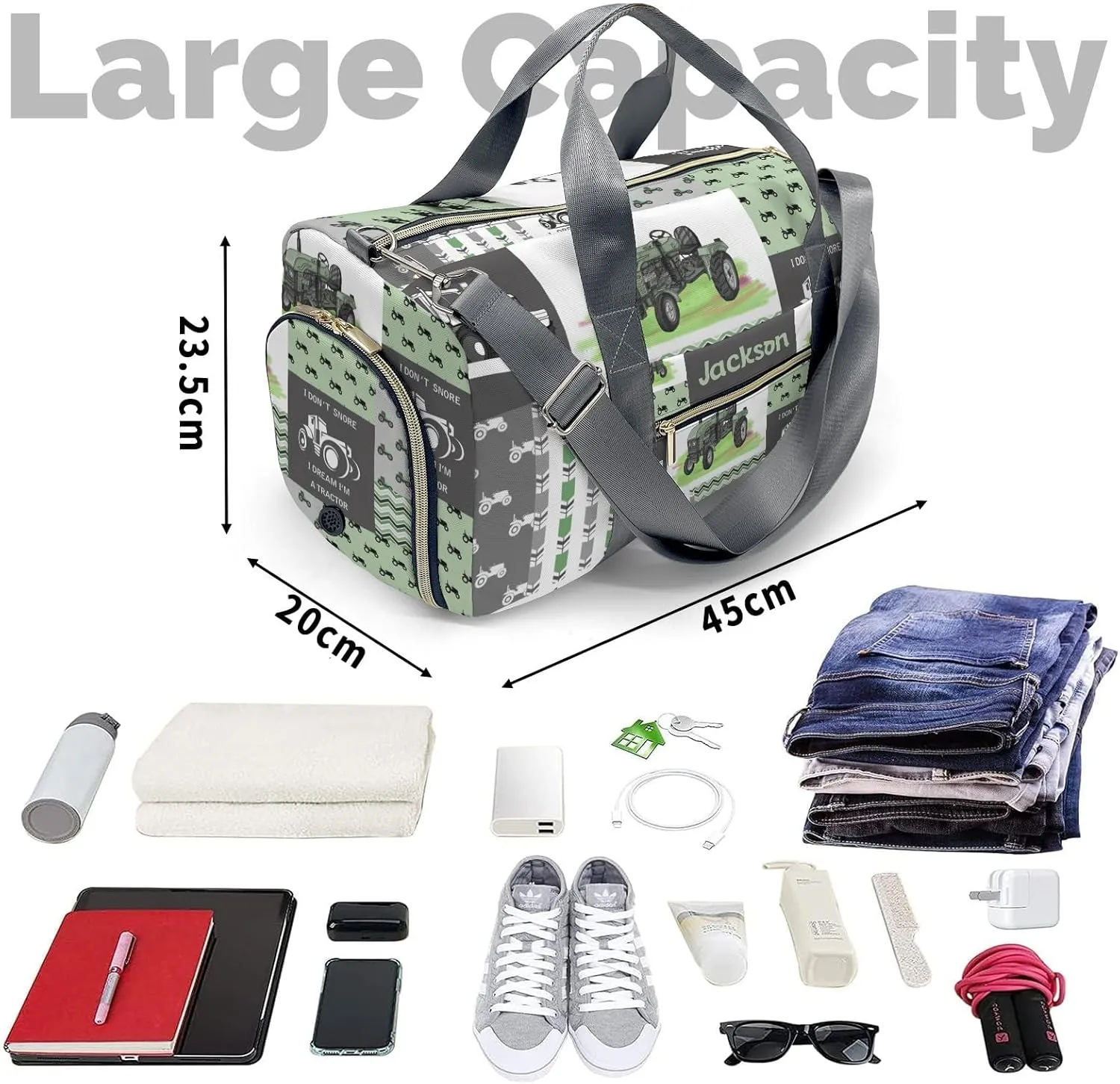 Retro Car Tractor Patchwork Green Personalized Duffel Bag with Name Custom Weekend Bag with Shoe Compartmen for Boys Girls Sports Gym Swim Bag Travel Bag