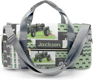 Retro Car Tractor Patchwork Green Personalized Duffel Bag with Name Custom Weekend Bag with Shoe Compartmen for Boys Girls Sports Gym Swim Bag Travel Bag