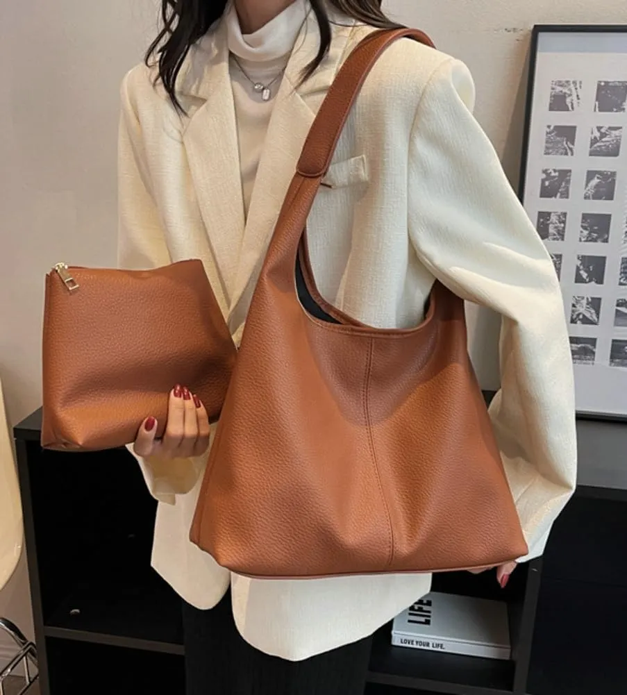 Retro Shoulder Bag Slouchy Tote Bag for Women Soft Leather Handbags Work Purse Ladies Top Handle Bag Large Capacity 2Pcs