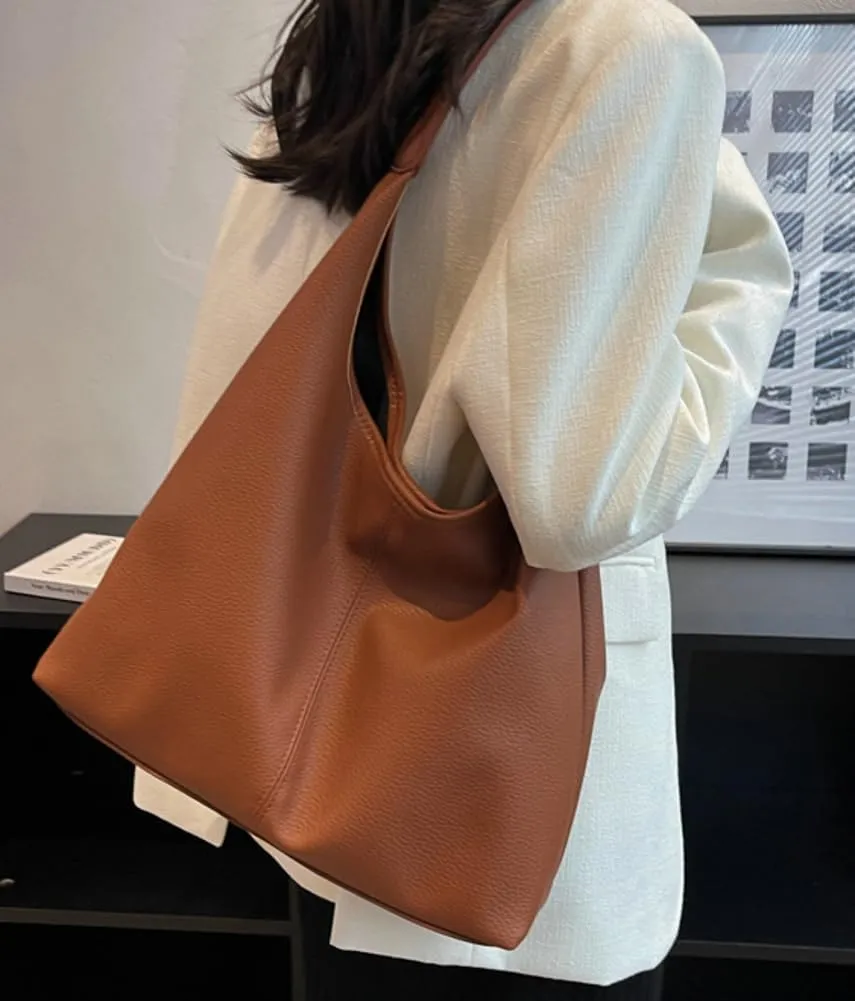 Retro Shoulder Bag Slouchy Tote Bag for Women Soft Leather Handbags Work Purse Ladies Top Handle Bag Large Capacity 2Pcs