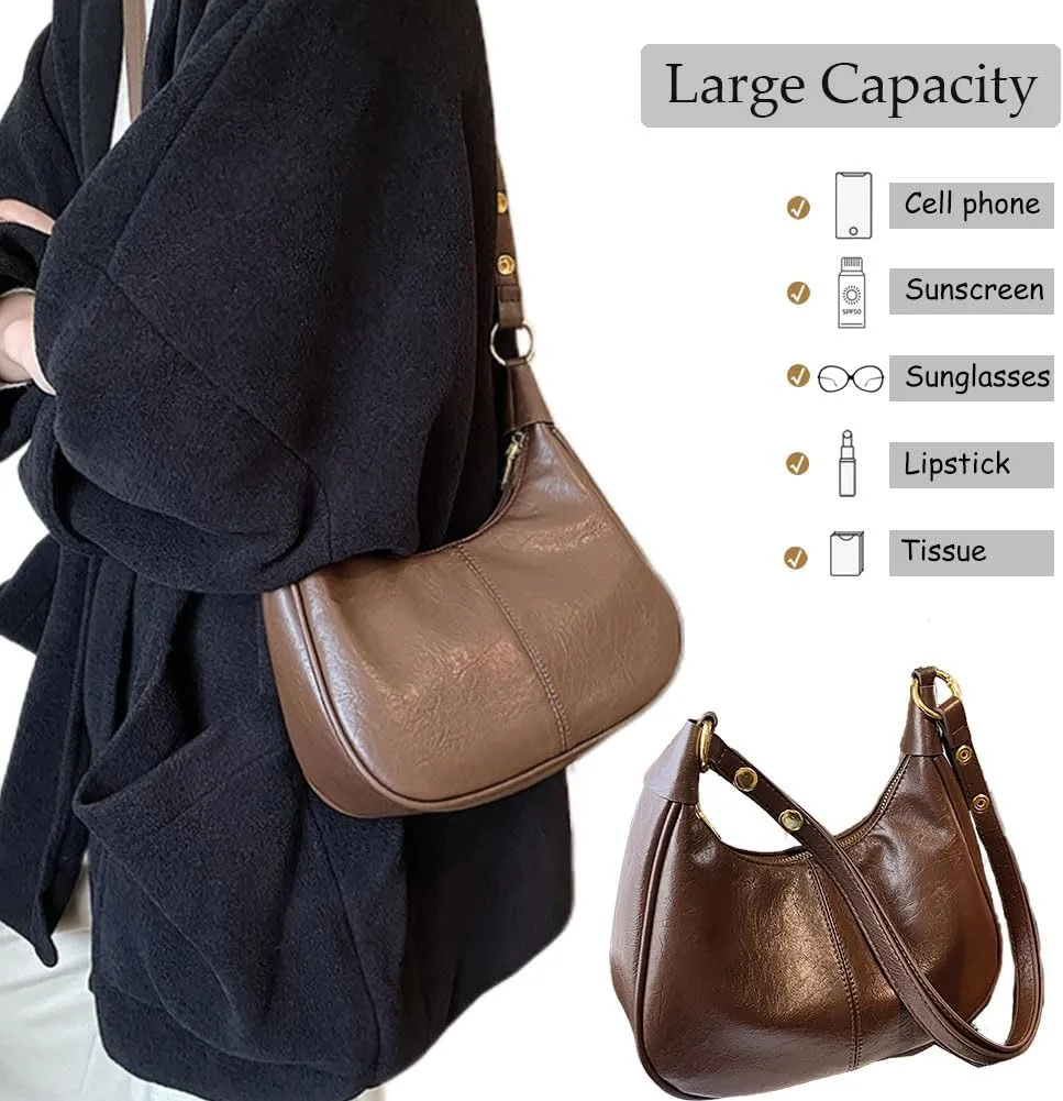 Retro Shoulder Bags for Women Vegan Leather Tote Handbags Slouchy Large Crossbody Bag with Adjustable Strap