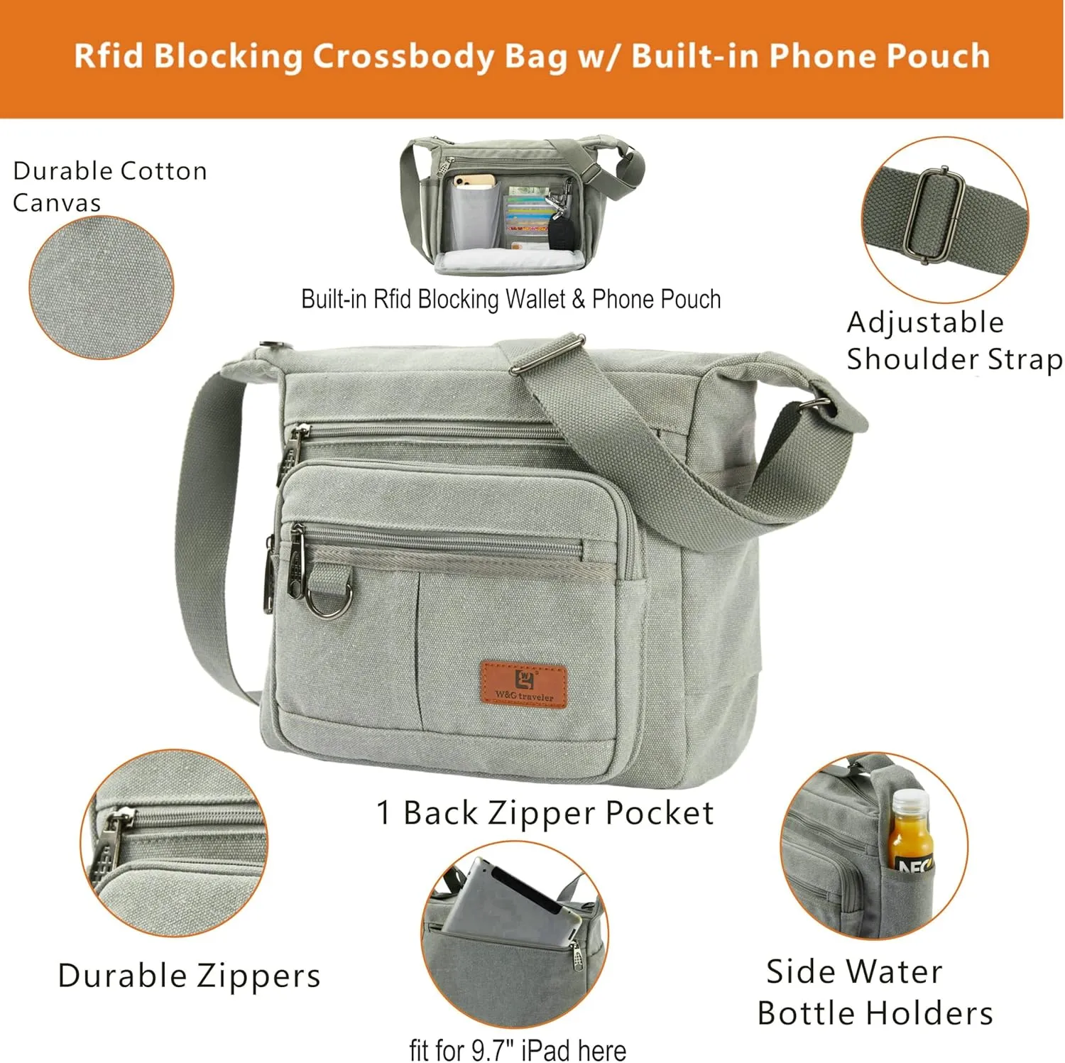 Rfid Crossbody Messenger Bag with Water Bottle Holders, 13 inch Laptop Shoulder Bag, Sling Satchel Purse w/Built-in Wallet
