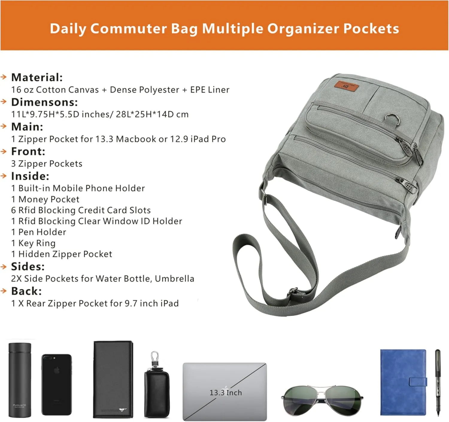 Rfid Crossbody Messenger Bag with Water Bottle Holders, 13 inch Laptop Shoulder Bag, Sling Satchel Purse w/Built-in Wallet