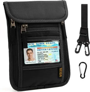 RFID Neck Wallet - Passport Holder, Travel Pouch, RFID Blocking, Black