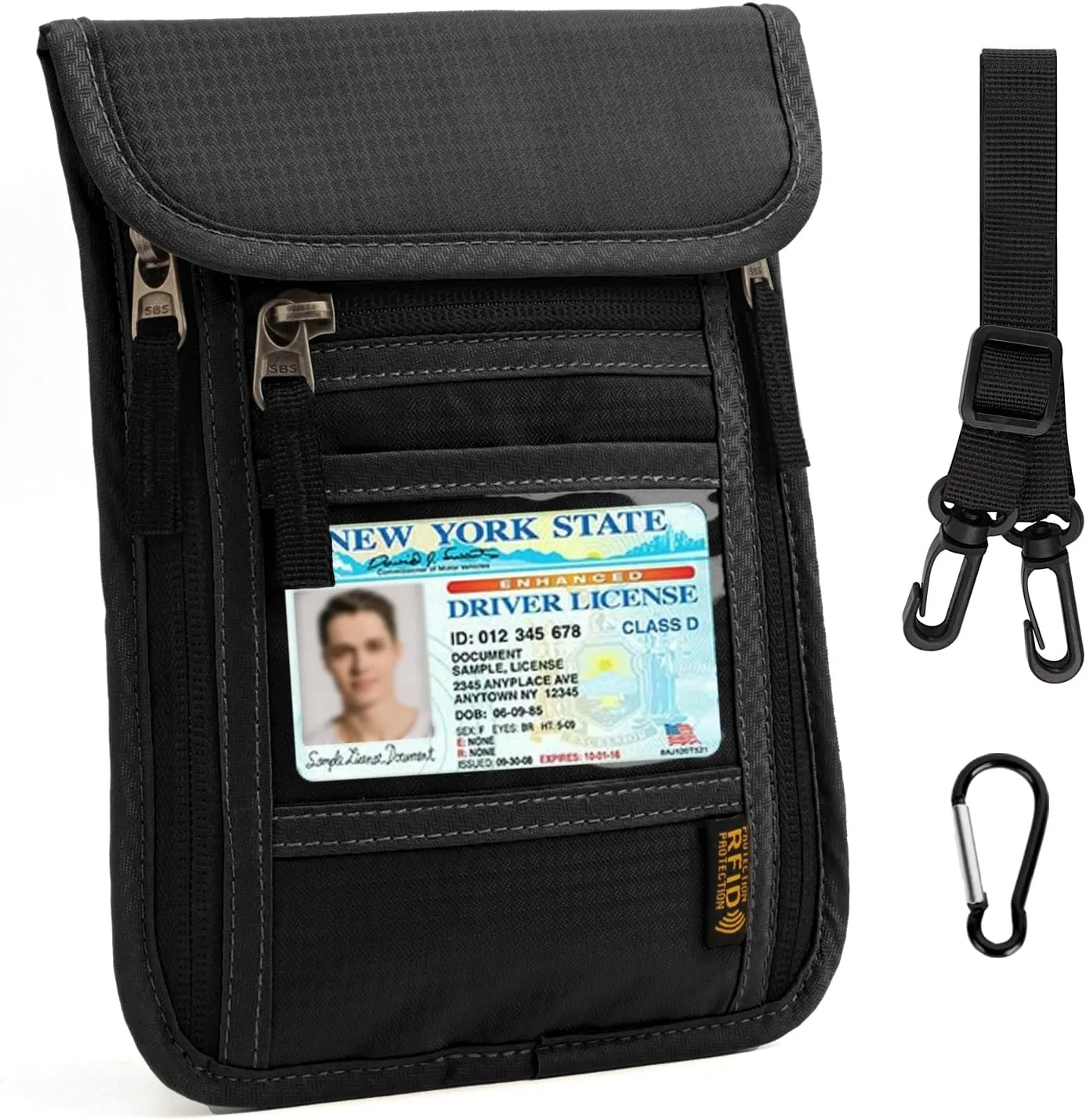 RFID Neck Wallet - Passport Holder, Travel Pouch, RFID Blocking, Black