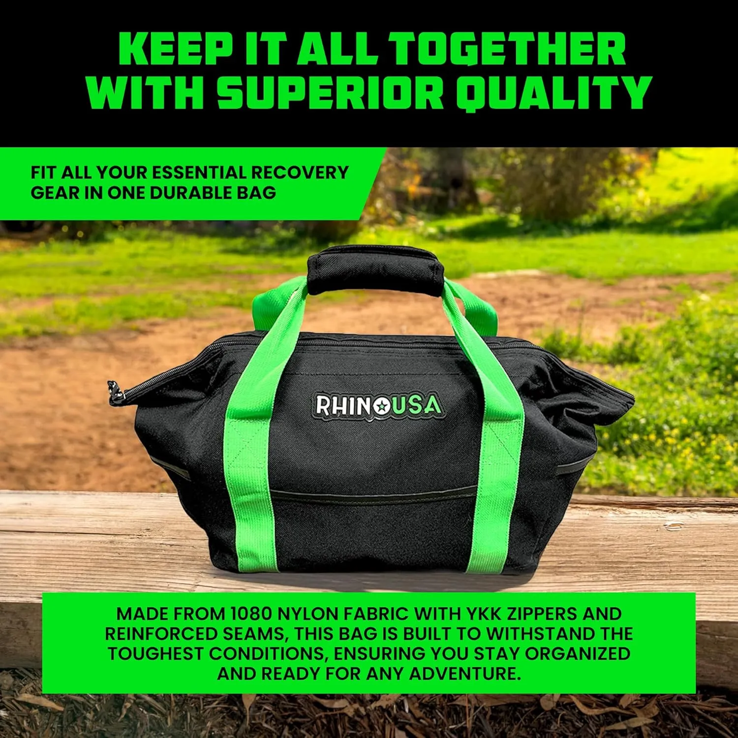 Rhino USA Heavy Duty Recovery Gear Storage Bag - Ultimate Recovery Kit Equipment Bag For Off-Road Gear and 4x4 Accessories - Fits Tow Straps, Shackles, Snatch Block, and UTV Accessories(Green)