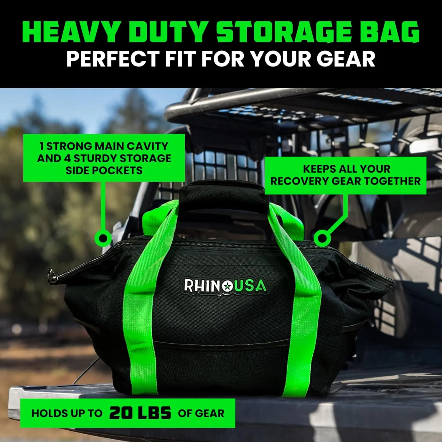 Rhino USA Heavy Duty Recovery Gear Storage Bag - Ultimate Recovery Kit Equipment Bag For Off-Road Gear and 4x4 Accessories - Fits Tow Straps, Shackles, Snatch Block, and UTV Accessories(Green)