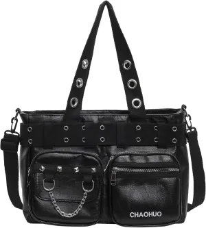 Rivet Crossbody Tote Bags for Women Black Punk Faux Leather Hobo Rivet Bag