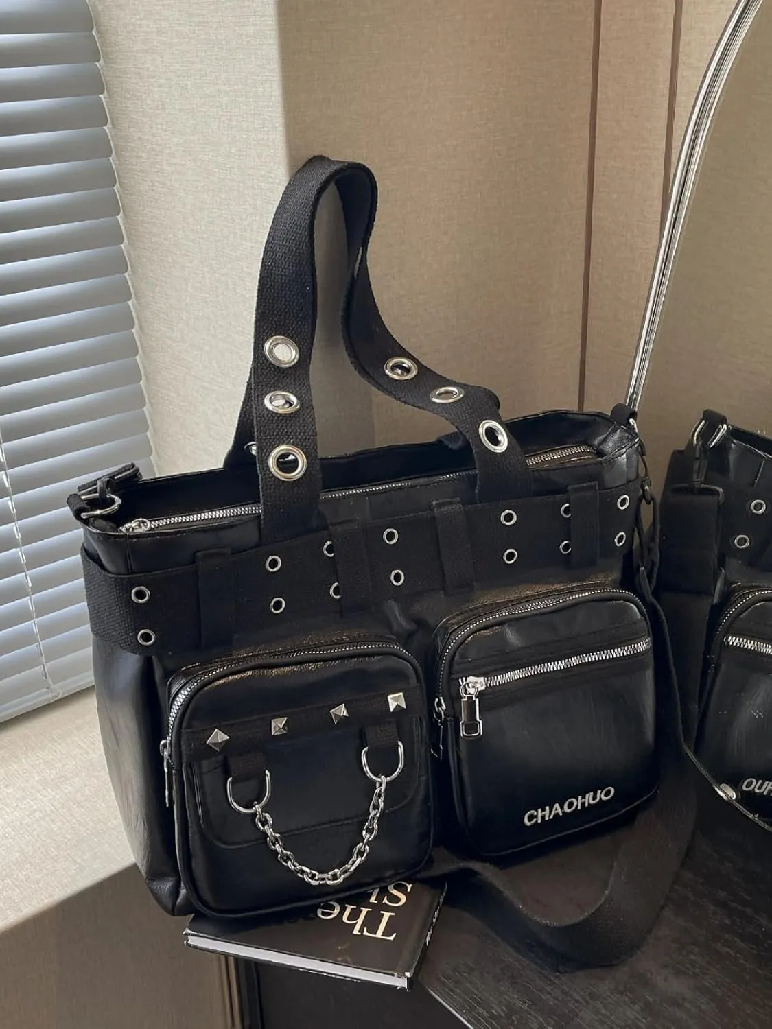 Rivet Crossbody Tote Bags for Women Black Punk Faux Leather Hobo Rivet Bag