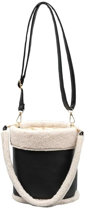 Round Bucket Bag for Women Retro PU Leather Purses Sherpa Lined Shoulder Crossbody Bag with 2 Adjustable Straps Winter