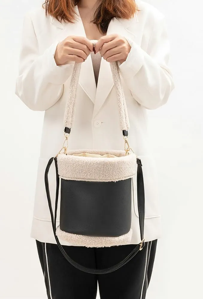 Round Bucket Bag for Women Retro PU Leather Purses Sherpa Lined Shoulder Crossbody Bag with 2 Adjustable Straps Winter