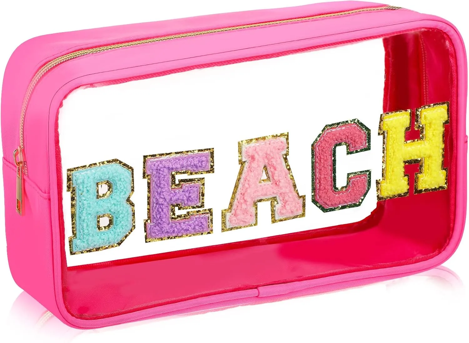 RUMIA Chenille Letter Clear Makeup Bags Preppy Patch Beach Makeup Bag Waterproof Zipper Pouch Rose Red Nylon Portable Travel Cosmetic Bag for Women Birthday Annniversary Graduation Summer Gifts