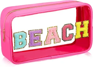 RUMIA Chenille Letter Clear Makeup Bags Preppy Patch Beach Makeup Bag Waterproof Zipper Pouch Rose Red Nylon Portable Travel Cosmetic Bag for Women Birthday Annniversary Graduation Summer Gifts