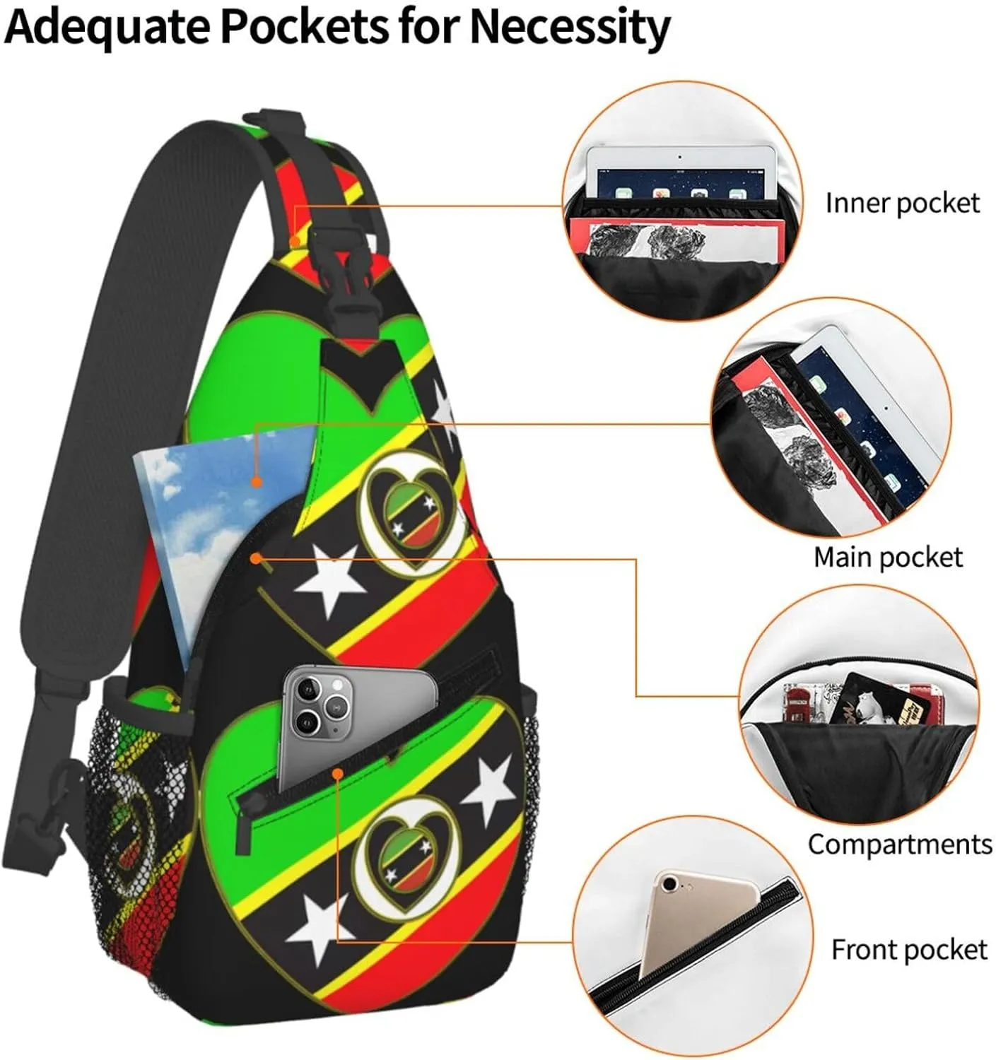 Saint Kitts And Nevis Flag Chest Sling Bag Crossbody Shoulder Backpack Bag Gym Cycling Daypack Travel Hiking Cross Bag