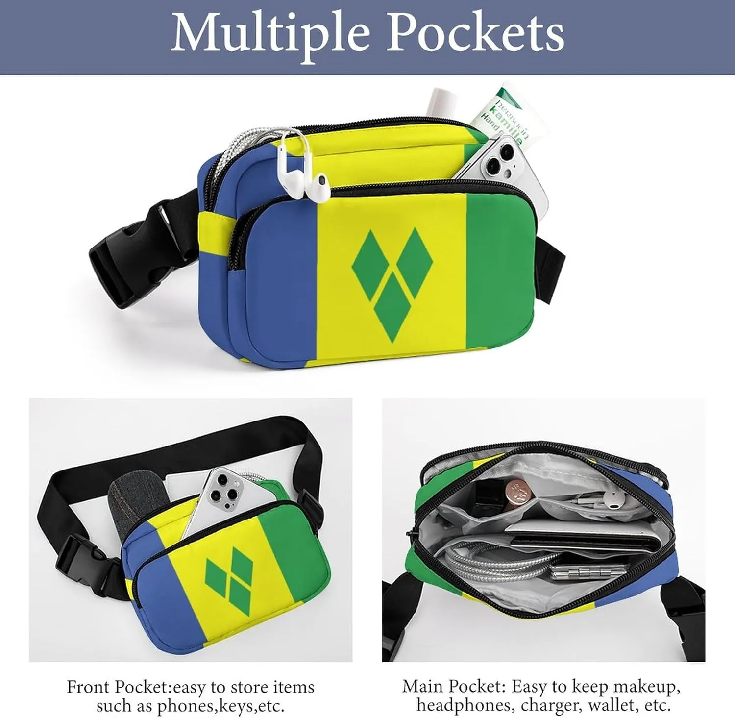 Saint Vincent And The Grenadines Flag Unisex Mini Belt Bag with Adjustable Strap Small Fanny Pack Crossbody Chest Bag