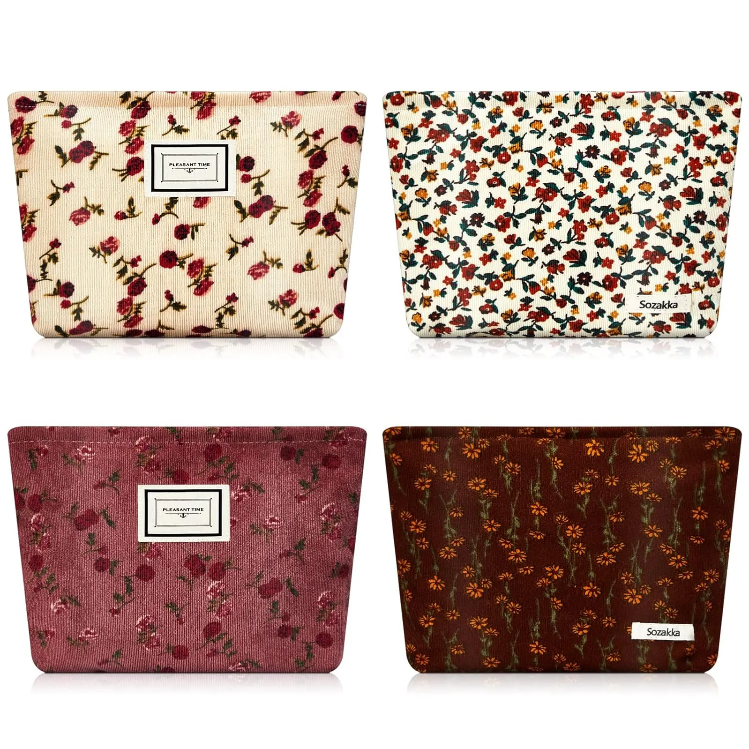 Sanwuta 4 Pcs Corduroy Cosmetic Bags Floral Makeup Bag Corduroy Cosmetic Pouch Flower Travel Toiletry Zipper Bag Large Capacity Aesthetic Purse Organizer Cute Handbags for Women, Girls Gifts, 4 Styles