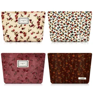 Sanwuta 4 Pcs Corduroy Cosmetic Bags Floral Makeup Bag Corduroy Cosmetic Pouch Flower Travel Toiletry Zipper Bag Large Capacity Aesthetic Purse Organizer Cute Handbags for Women, Girls Gifts, 4 Styles