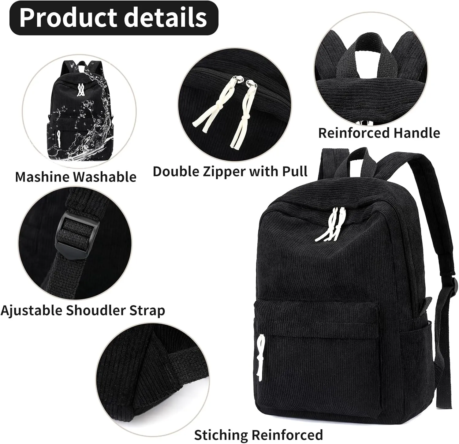 School Backpack for Girls Corduroy Bookbag 16inch Elementary Primary Preschool for Teen Boys Girl Travel Casual Daypacks (Black)
