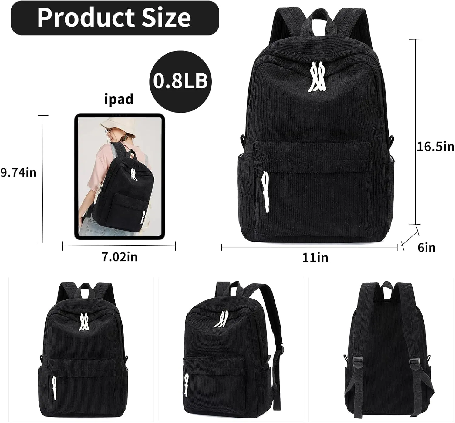 School Backpack for Girls Corduroy Bookbag 16inch Elementary Primary Preschool for Teen Boys Girl Travel Casual Daypacks (Black)