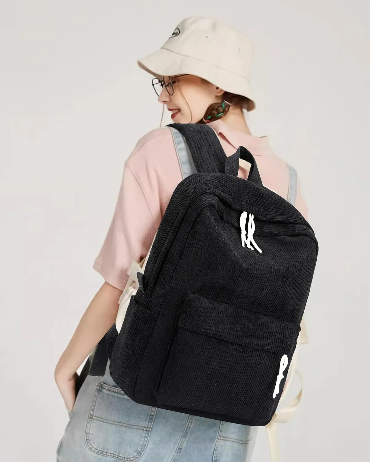 School Backpack for Girls Corduroy Bookbag 16inch Elementary Primary Preschool for Teen Boys Girl Travel Casual Daypacks (Black)