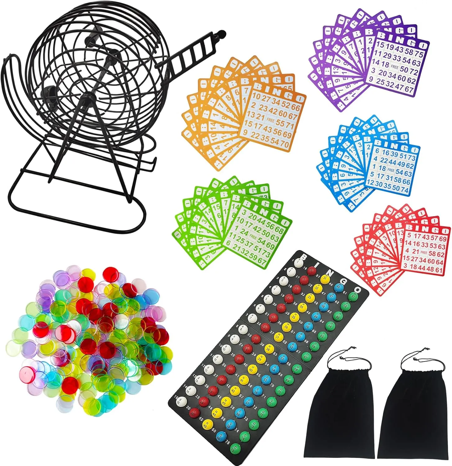SEETOOOGAMES Deluxe Bingo Game Set - 8 Inch Metal Cage, 50 Paper Cards, 600 Colorful Clear Chips, Bingo Balls and Plastic Master Board, Great for Adults Large Groups, Familiy Games Nights Parties