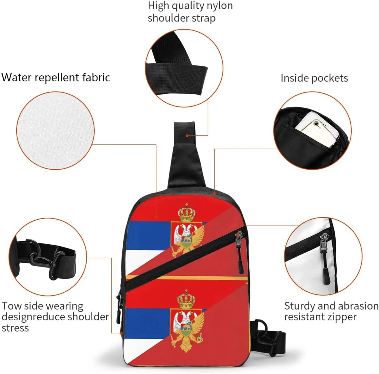 Serbia Montenegro Flag Packable Crossbody Bag Portable Sling Bags Foldable Travel Daypack Reusable Sports Shoulder Backpack Diagonally Chest Bag for Workout