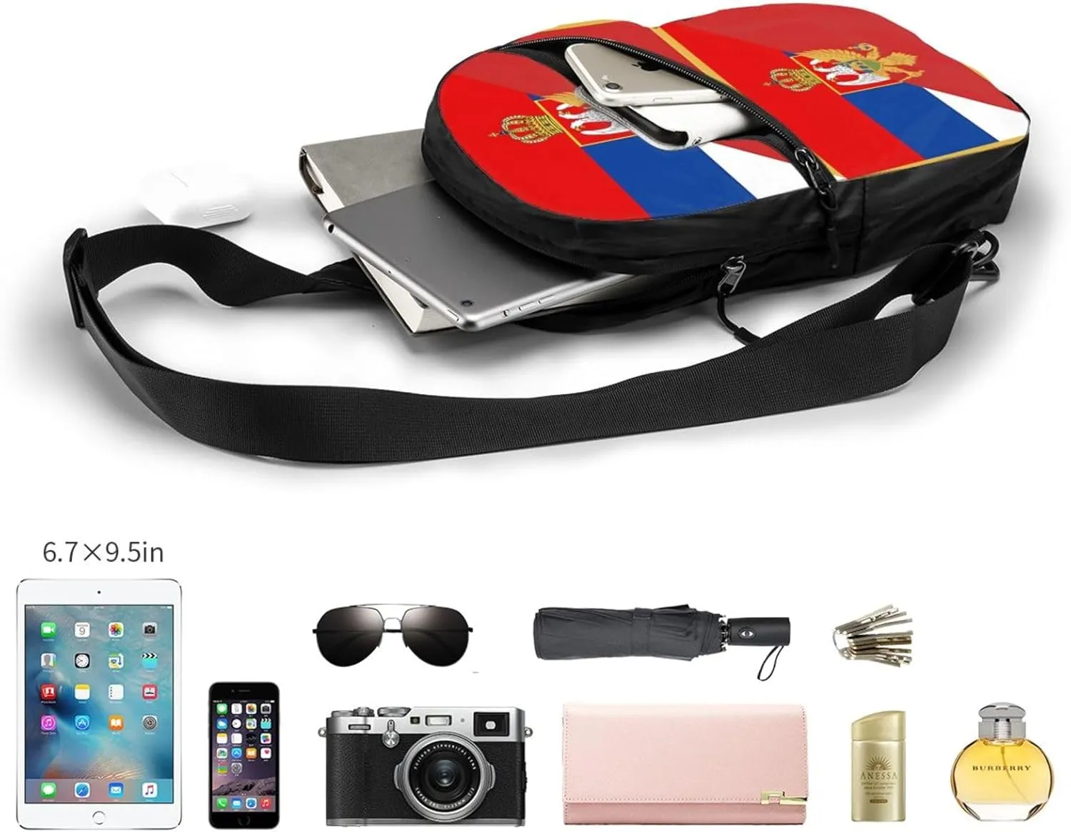 Serbia Montenegro Flag Packable Crossbody Bag Portable Sling Bags Foldable Travel Daypack Reusable Sports Shoulder Backpack Diagonally Chest Bag for Workout
