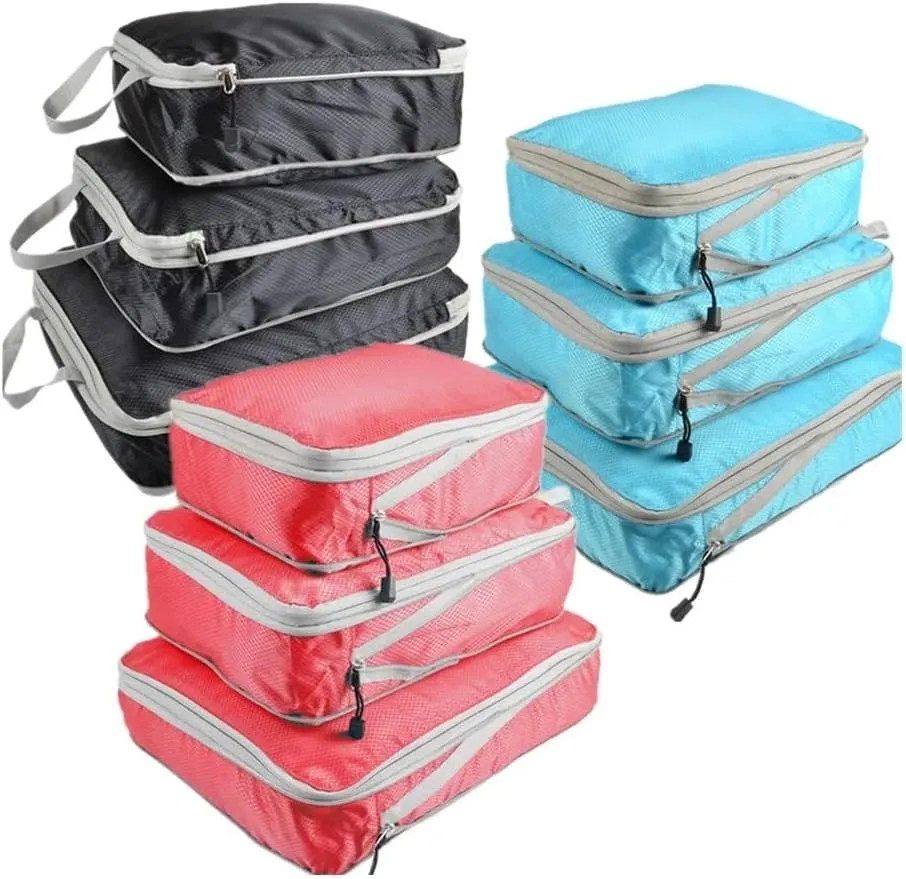 Set/3 Pieces Compressible Packing Travel Storage Bag Cubes Waterproof Suitcase Nylon Portable With Handbag Luggage Organizer(SNX-3SET-blue1)