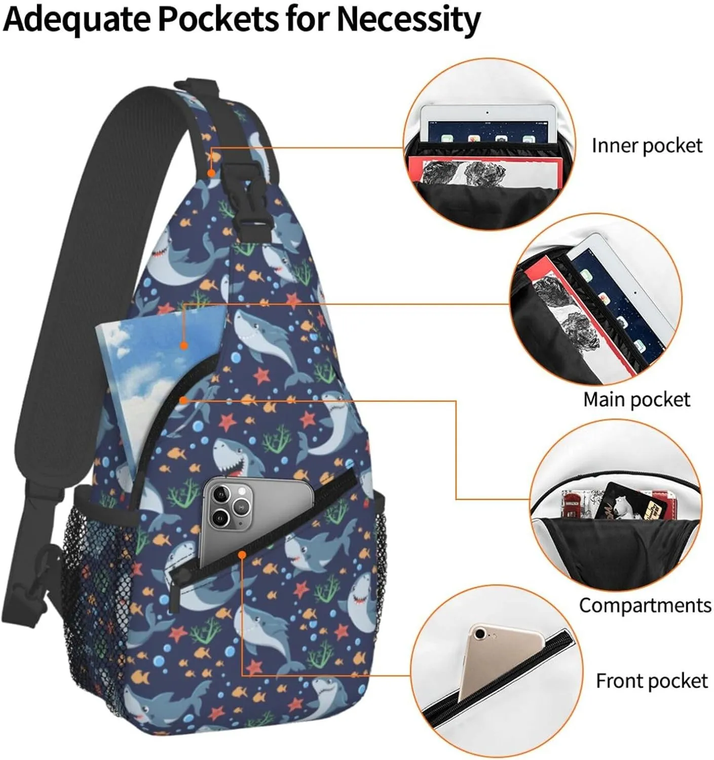 Sharks Sea Dwellers Marine Inhabitants Chest Sling Bag Crossbody Shoulder Backpack Bag Gym Cycling Travel Hiking Daypack Cross Bag
