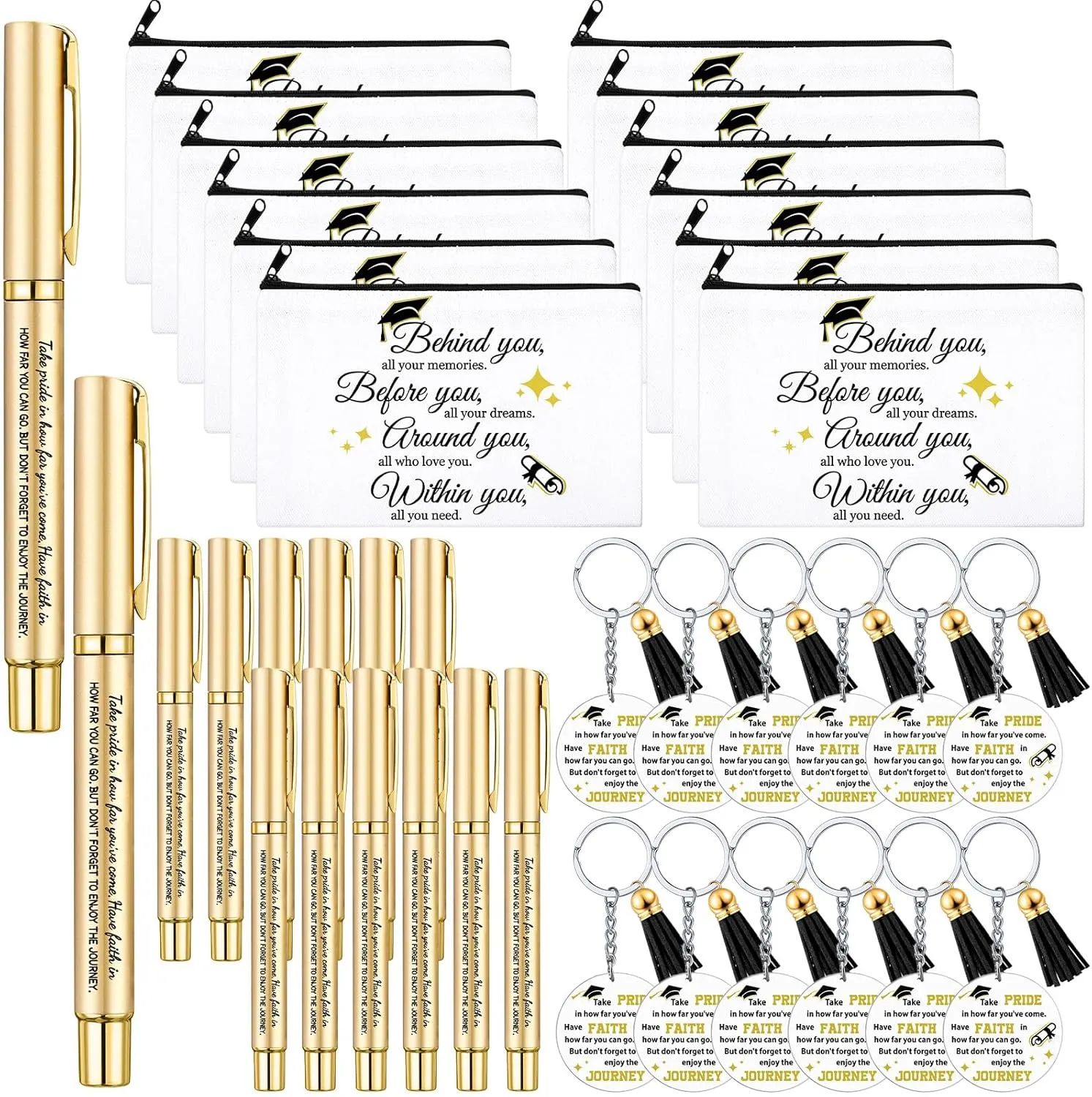 Silkfly 12 Sets Graduation Gift Bulk 2025 for Her, Makeup Bag Inspirational Pen, Class of 2025 Acrylic Keychain with Tassel, Congratulations Gift for Student, Teen, College, High School(Gold)