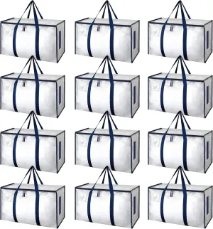 Simple Deluxe 12 Pack Extra Large Moving Bags with Lids, Reinforced Handles and Zippers, Heavy Duty Storage Tote for Moving Travel Camping Space Saving, White