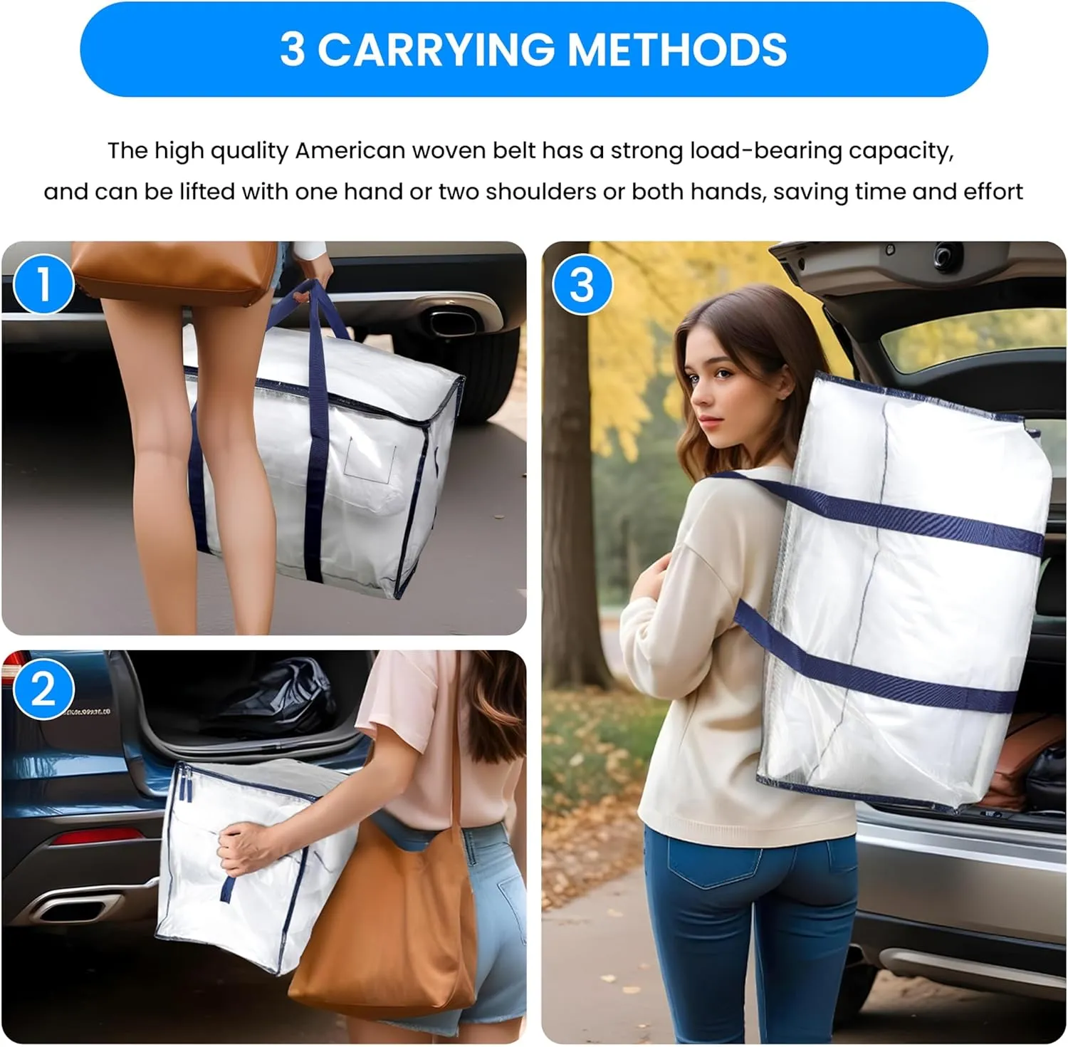 Simple Deluxe 12 Pack Extra Large Moving Bags with Lids, Reinforced Handles and Zippers, Heavy Duty Storage Tote for Moving Travel Camping Space Saving, White