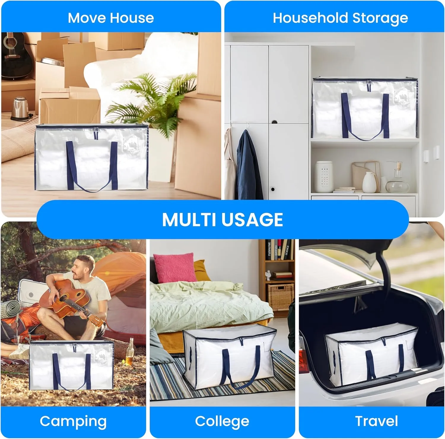 Simple Deluxe 12 Pack Extra Large Moving Bags with Lids, Reinforced Handles and Zippers, Heavy Duty Storage Tote for Moving Travel Camping Space Saving, White