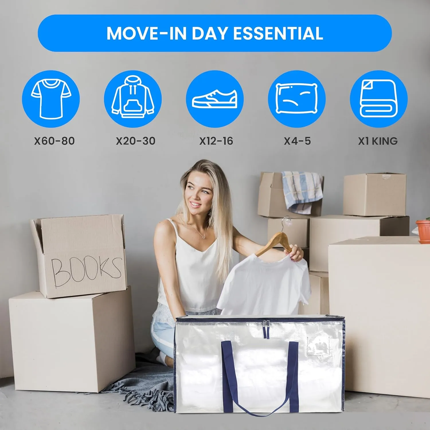 Simple Deluxe 12 Pack Extra Large Moving Bags with Lids, Reinforced Handles and Zippers, Heavy Duty Storage Tote for Moving Travel Camping Space Saving, White
