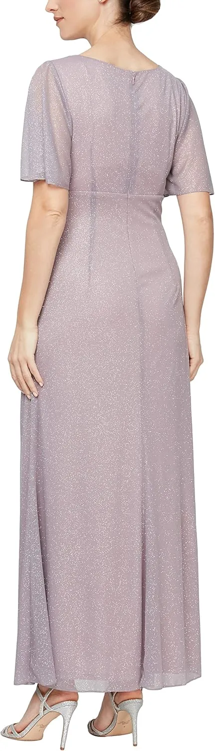 S.L. Fashions Women's Formal Long Glitter Mesh Stretch Embellished Waist, Mother of Bride Dress, (Petite and Regular Sizes)