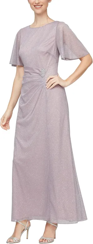 S.L. Fashions Women's Formal Long Glitter Mesh Stretch Embellished Waist, Mother of Bride Dress, (Petite and Regular Sizes)