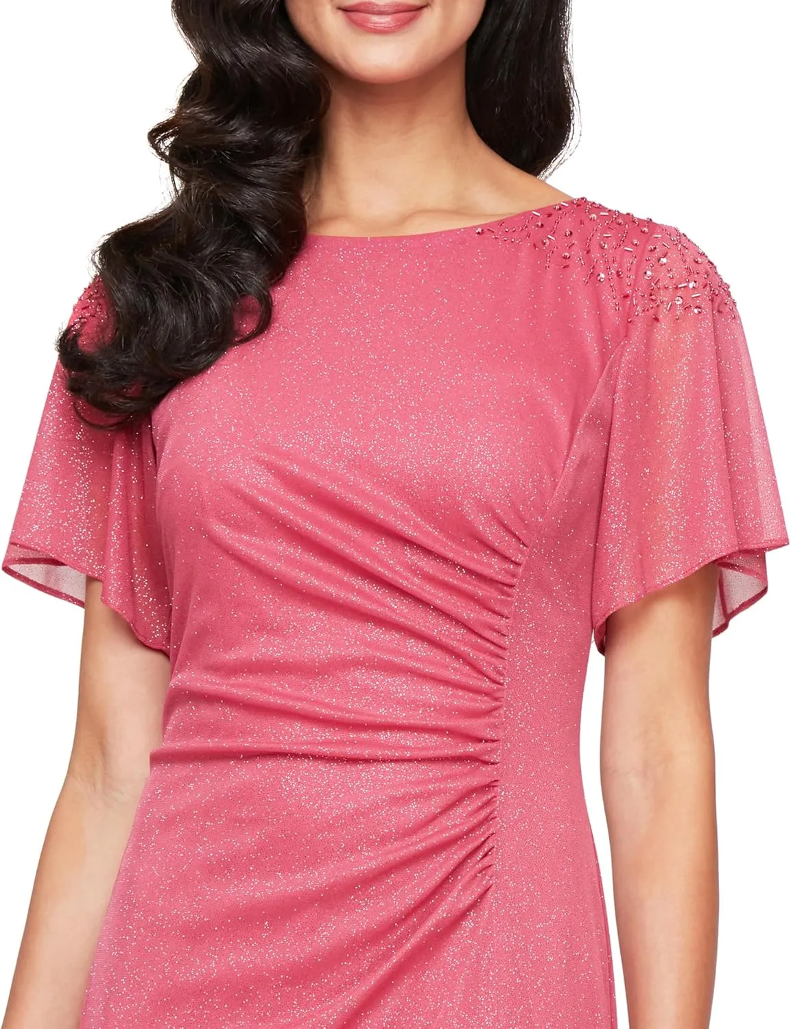 S.L. Fashions Women's Glitter Mesh Stretch Dress W/Shoulder Embellishment Formal Long Gown, (Petite and Regular Sizes)