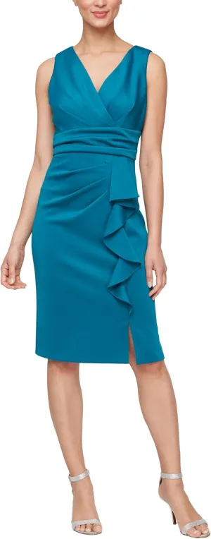 S.L. Fashions Women's Short Sleeveless Sheath Cocktail Dress with Cross Waist and Cascade Front