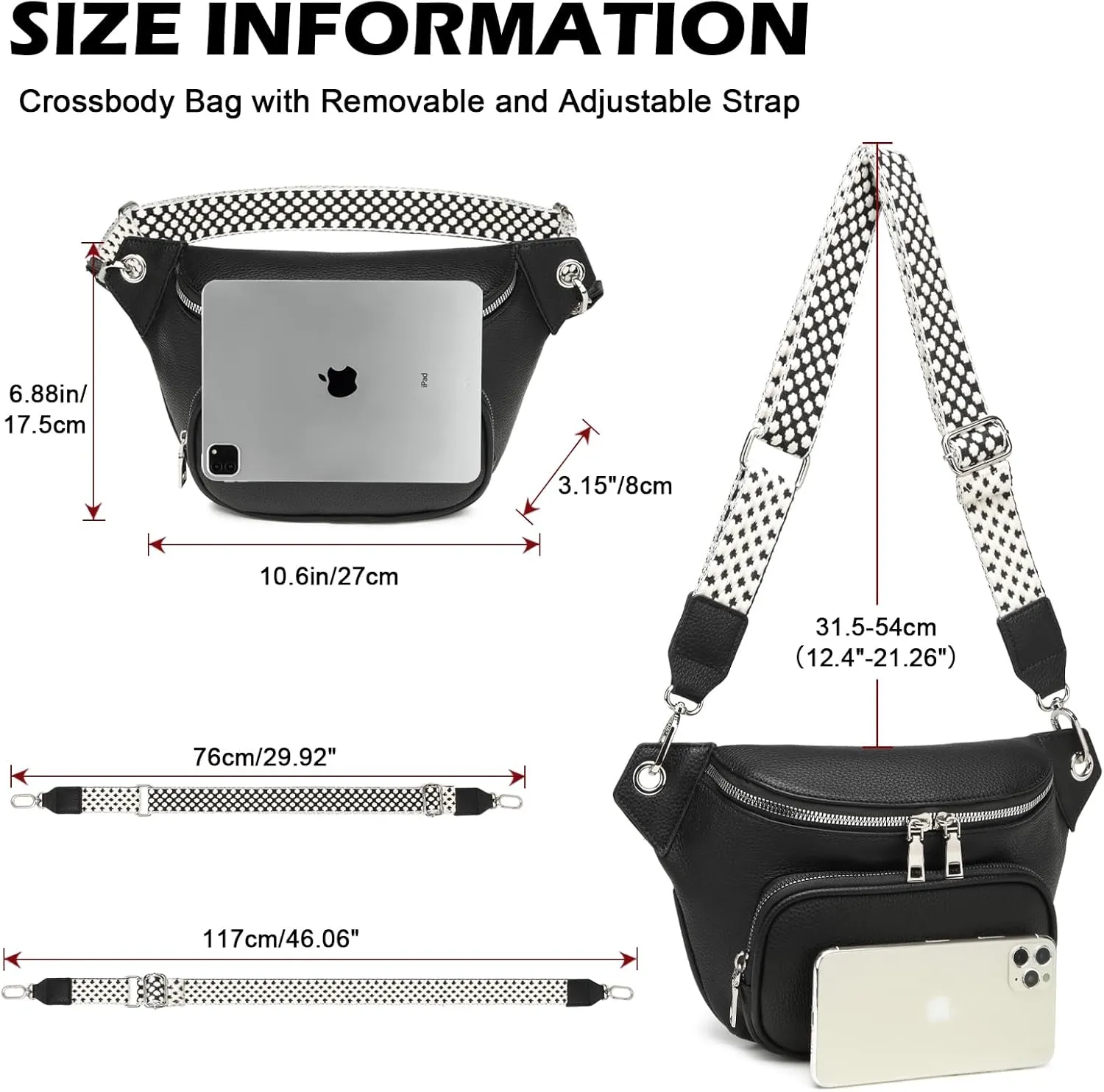 Sling Bag Crossbody Backpack - 2 in 1 Leather Cross Body Bag Fanny Pack with 2 Removable Straps