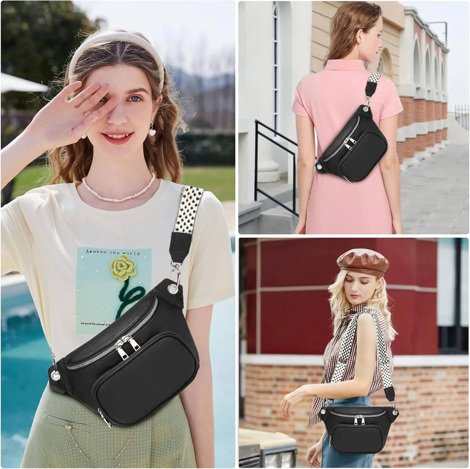Sling Bag Crossbody Backpack - 2 in 1 Leather Cross Body Bag Fanny Pack with 2 Removable Straps