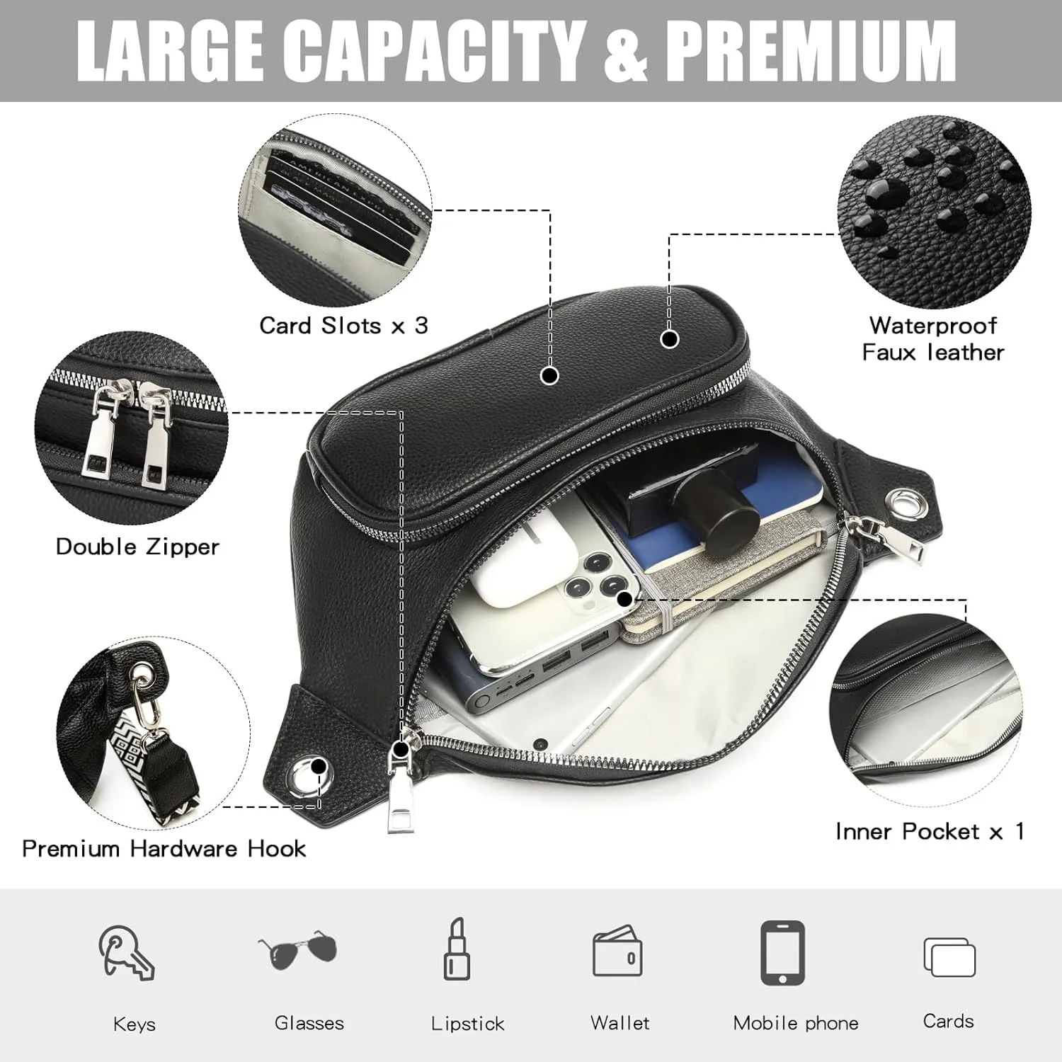 Sling Bag Crossbody Backpack - 2 in 1 Leather Cross Body Bag Fanny Pack with 2 Removable Straps