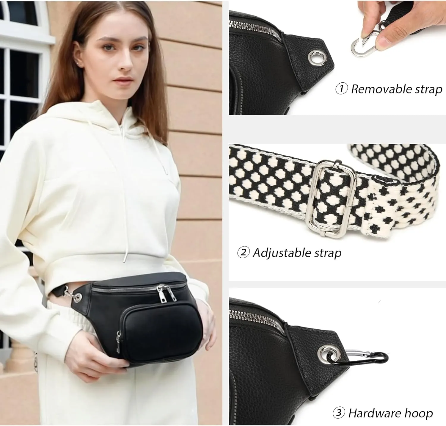 Sling Bag Crossbody Backpack - 2 in 1 Leather Cross Body Bag Fanny Pack with 2 Removable Straps
