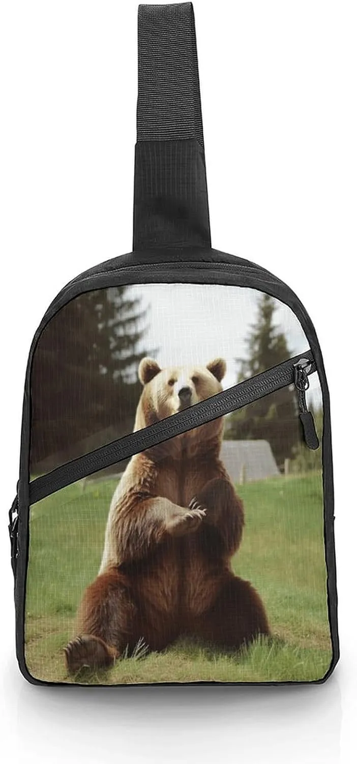 Sling Bag Crossbody Backpack,Hi Bear Sit on The Lawn Print Chest Bag,Crossbody Bags Fanny Pack Chest Bag