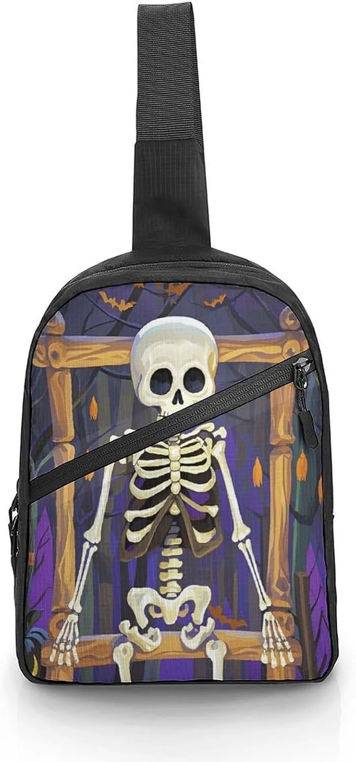 Sling Bag Crossbody Backpack,Skeleton Sitting on A Shelf Print Chest Bag,Crossbody Bags Fanny Pack Chest Bag
