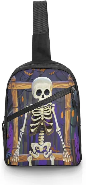 Sling Bag Crossbody Backpack,Skeleton Sitting on A Shelf Print Chest Bag,Crossbody Bags Fanny Pack Chest Bag