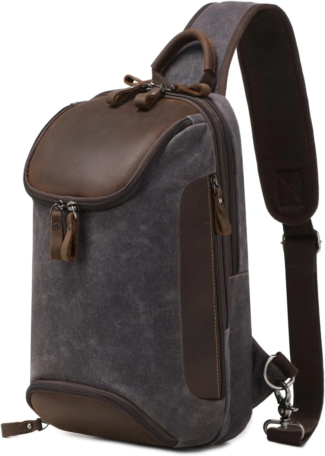 Sling Bag Crossbody Bag for Men Waxed Canvas Leather Shoulder Chest Bag Sling Backpack Black Gray