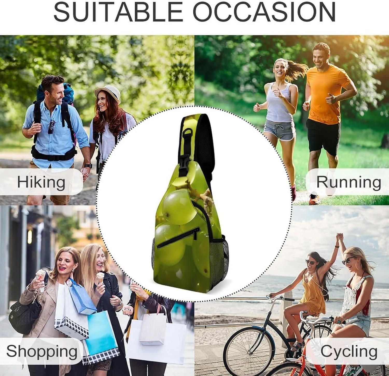Sling Bag Crossbody Shoulder Bag Cross Chest Bag Bunch of Green Grapes Sling Backpack Travel Hiking Daypack