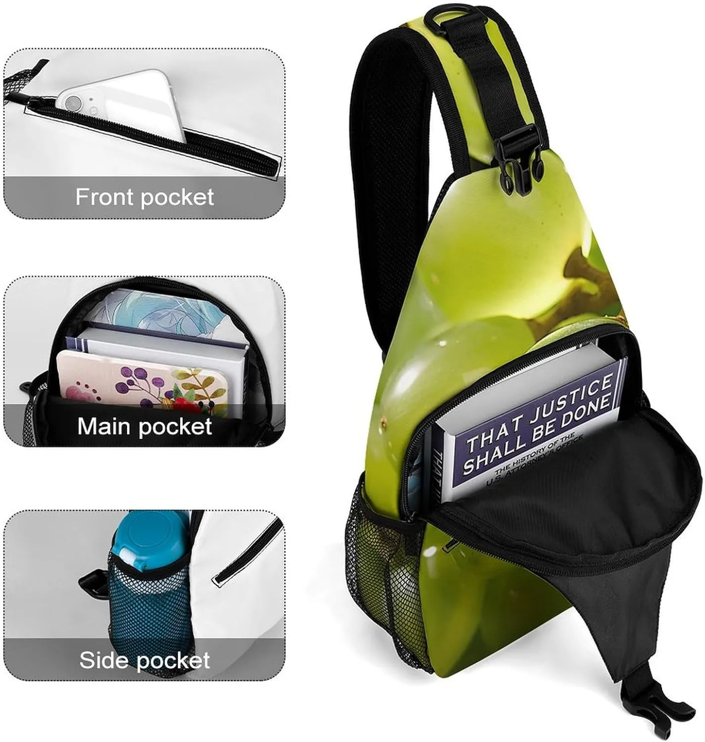 Sling Bag Crossbody Shoulder Bag Cross Chest Bag Bunch of Green Grapes Sling Backpack Travel Hiking Daypack