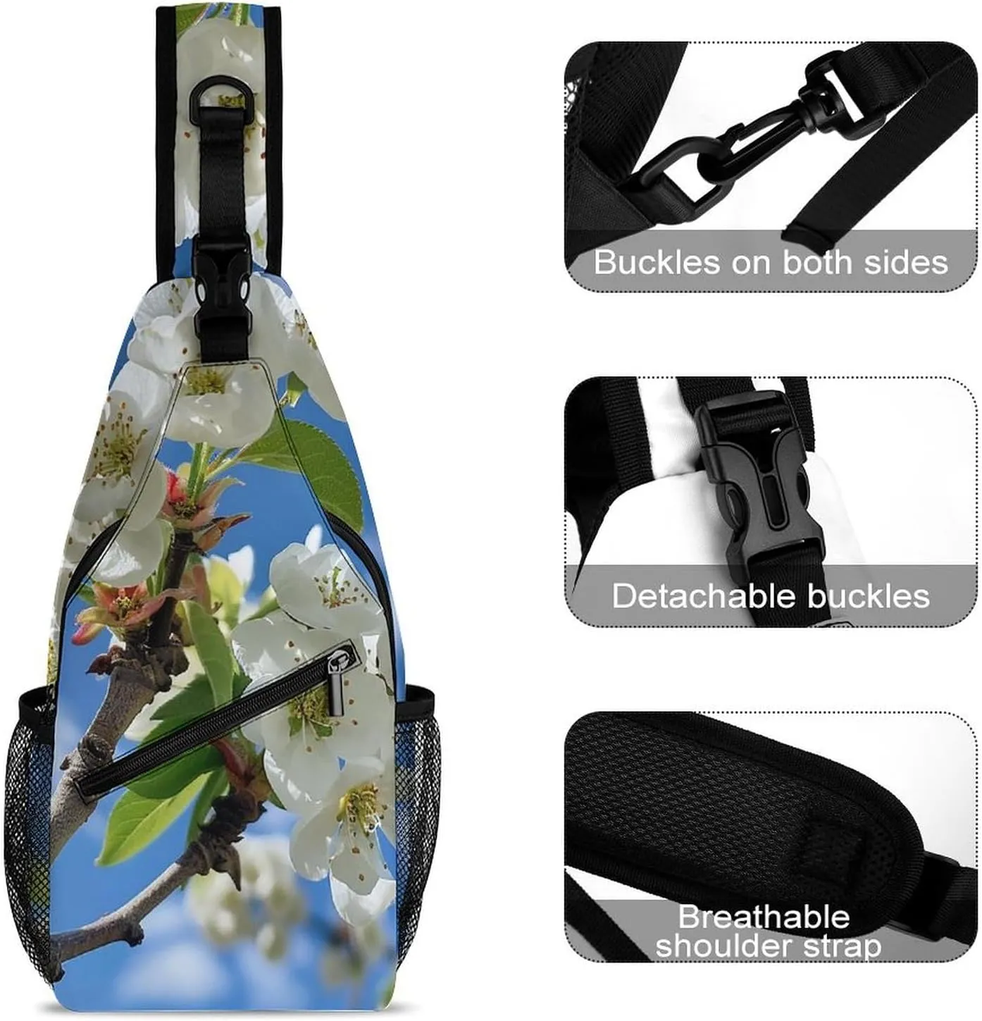 Sling Bag Crossbody Shoulder Bag Cross Chest Bag White Pear Blossom Sling Backpack Travel Hiking Daypack