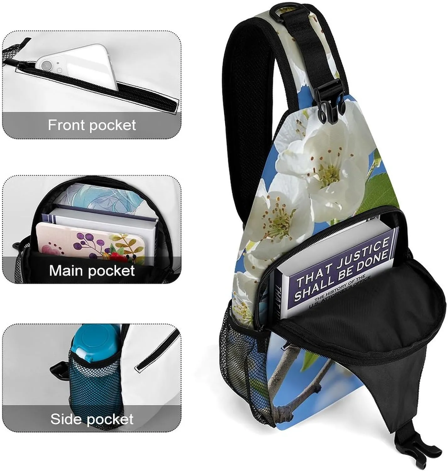 Sling Bag Crossbody Shoulder Bag Cross Chest Bag White Pear Blossom Sling Backpack Travel Hiking Daypack